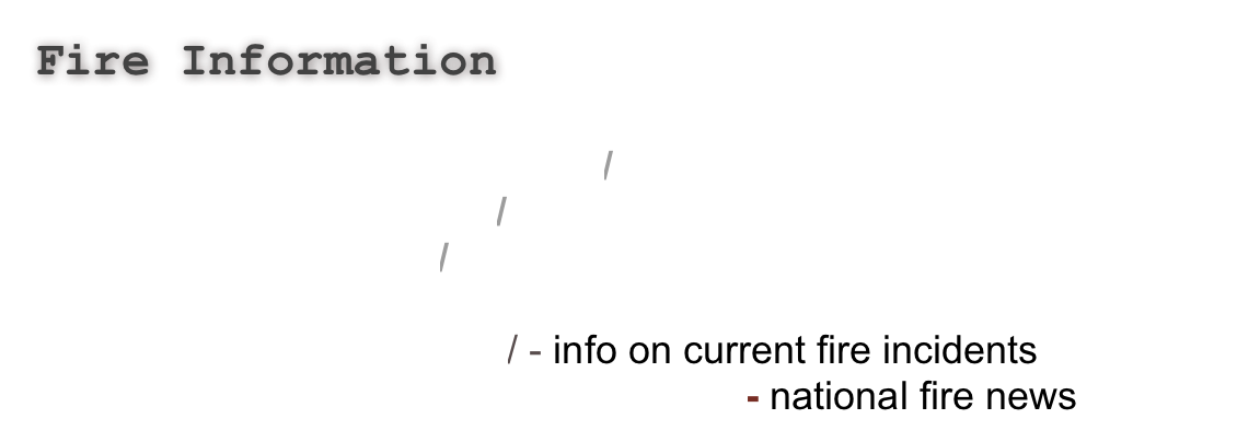 Fire Information
http://www.nifc.gov
http://www.wildfirenews.com/
http://www.fireplan.gov/
http://fire.r9.fws.gov/
http://www.firewise.org
http://inciweb.nwcg.gov/ - info on current fire incidents
http://www.nifc.gov/fireinfo/nfn.html - national fire news